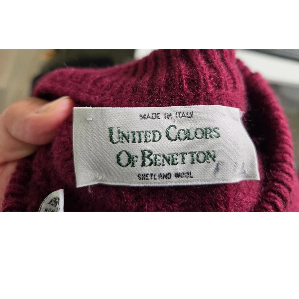 Vintage United Colors of Benetton Shetland Wool Sweater Burgundy Fair Isle Large